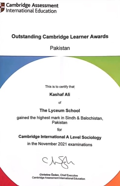 Kashaf Ali's certificate of highest marks in Sindh and Balochistan in the Cambridge International A Level Sociology exam