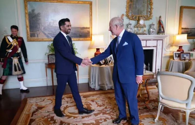 King Charles III receives the First Minister of Scotland Humza Yousaf during an audience at Buckingham Palace, London on17 May 2023