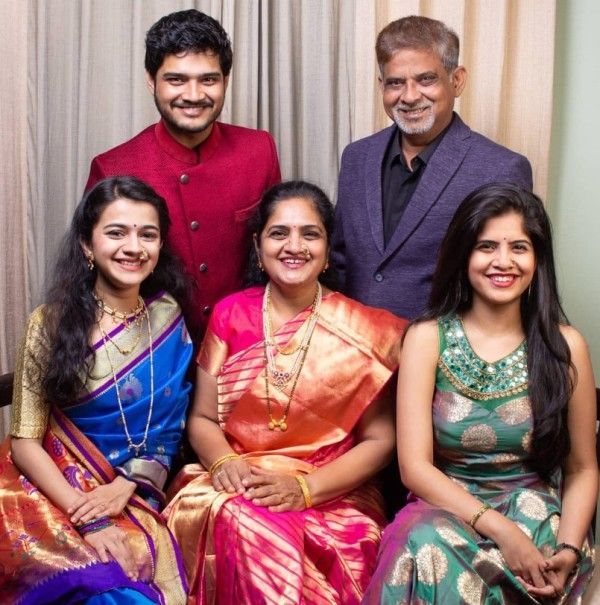 Krutika Deo with her mother-in-law, Vaishali Deshmukh, sister-in-law, Amruta Deshmukh (left to right, sitting), her husband, Abhishek Deshmukh, and her father-in-law, Satish Deshmukh (left to right, standing)