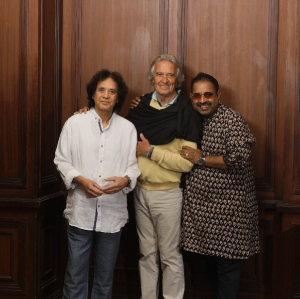 (Left to right) Zakir Hussain, John McLaughlin, and Shankar Mahadevan
