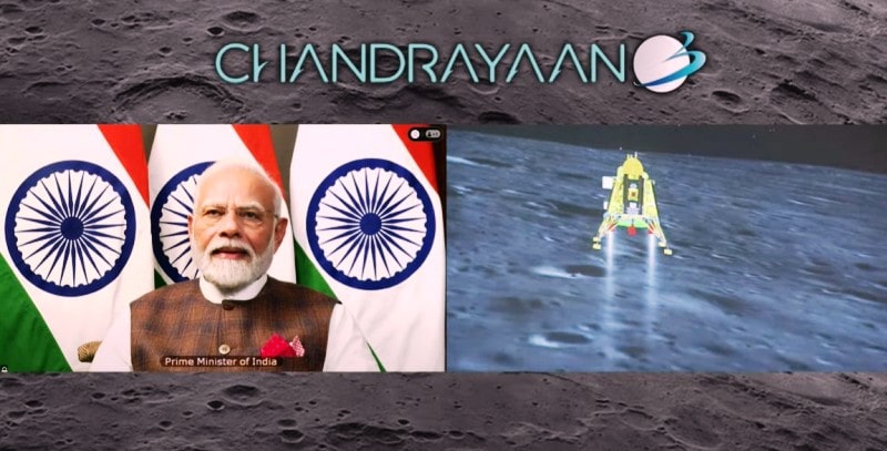 Prime Minister Narendra Modi witnessing the landing of the Chandrayaan-3 through a video call from South Africa