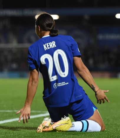 Sam Kerr celebrating after scoring her first hattrick for Chelsea in Champions League