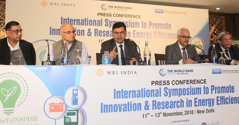 Secretary, Ministry of Power, Ajay Kumar Bhalla along with Minister of State (I/C) for Power and New and Renewable Energy, Raj Kumar Singh, and other dignitaries addressing a press conference on the INSPIRE- 2018 (International Symposium to Promote Innovation & Research in Energy Efficiency), in New Delhi on 11 November 2018