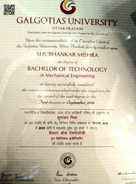 Shubhankar Mishra's BTech degree