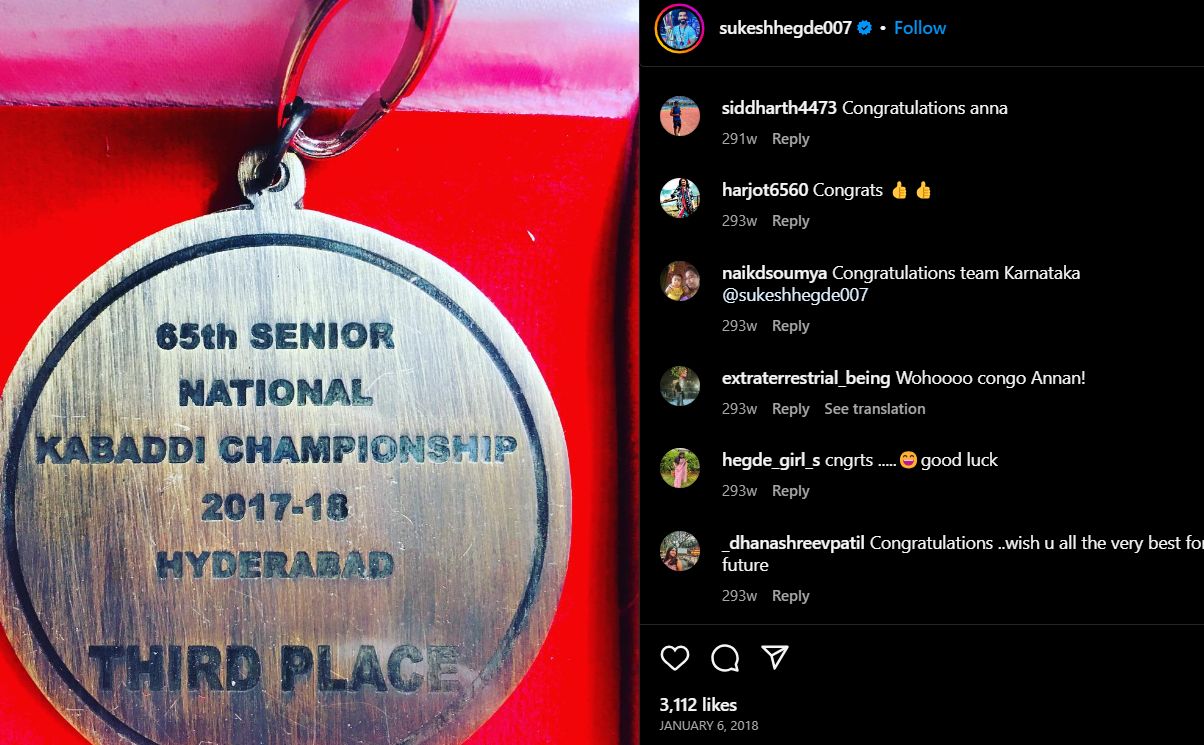 Sukesh Hegde's post about winning the 65th Senior Nation Kabaddi Championship