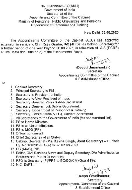 The Government of India's appointment extension letter