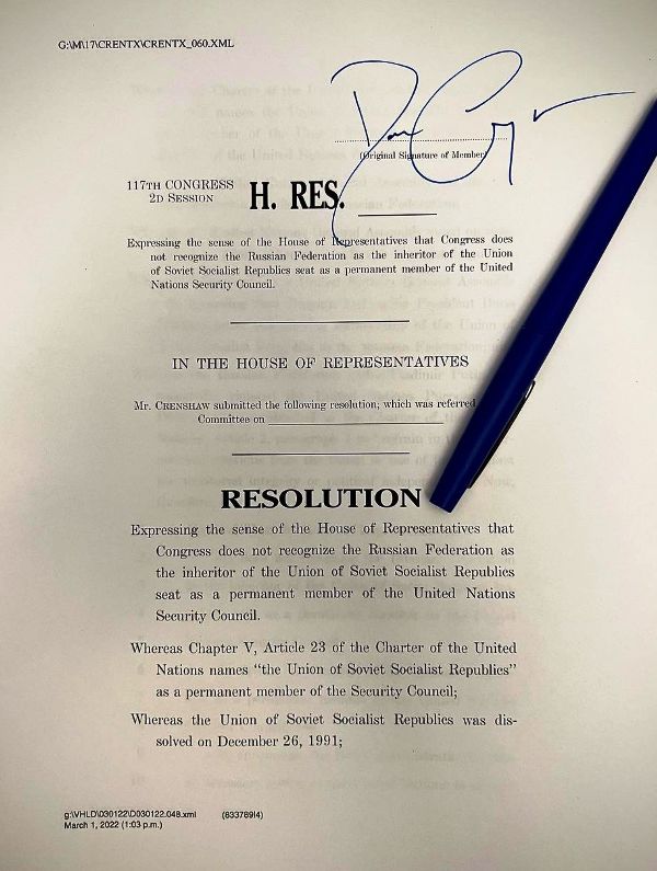 A photo of the resolution signed by Dan Crenshaw in 2022