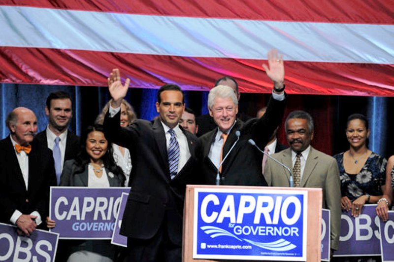 A picture of Bill Clinton campaigning for the Democratic nominee for Governor of Rhode Island Frank T. Caprio in the 2010 gubernatorial elections