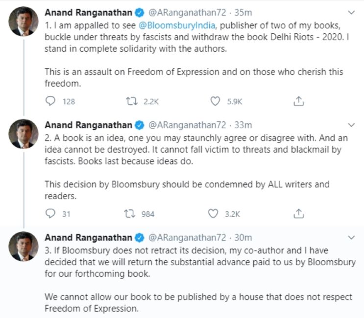 Anand Ranganathan's tweets of him expressing outrage against Bloomsbury