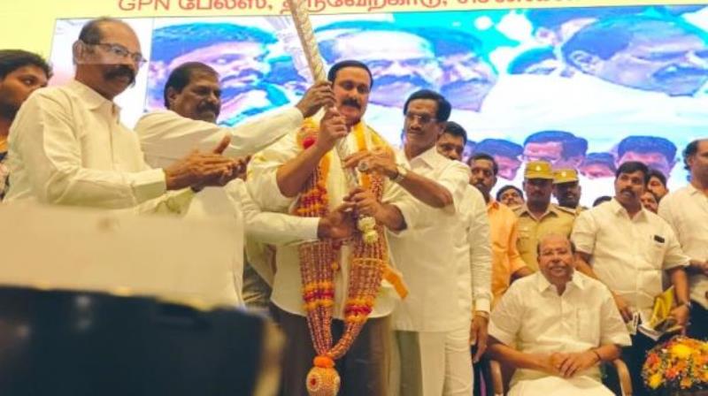 Anmbumani Ramadoss being elected as president of PMK at the special general body meeting