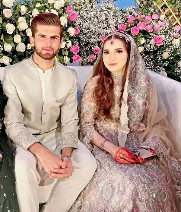 Ansha Afridi with her husband, Shaheen Afridi, during their marriage on 3 February 2023