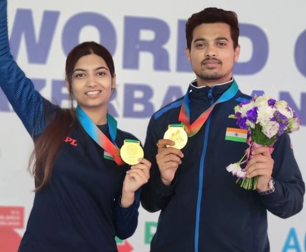 Ashi Chouksey after winning a gold medal in 3p Mixed team event in the ISSF World Cup, Baku, Azerbaijan (2022)