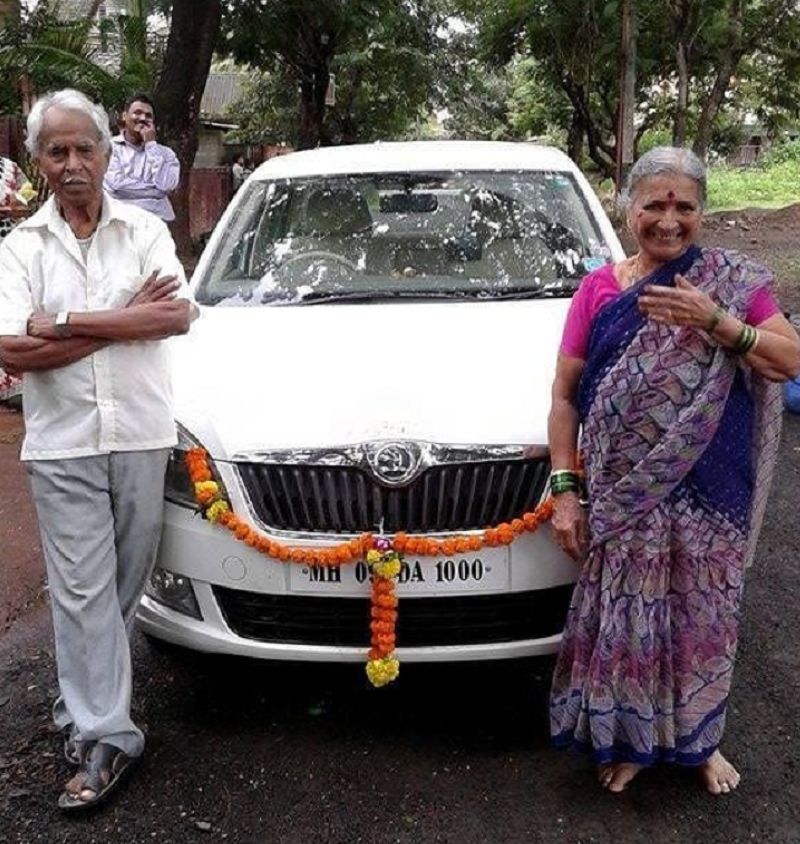 Bharat Jadhav's parents posing with his Skoda Rapid car
