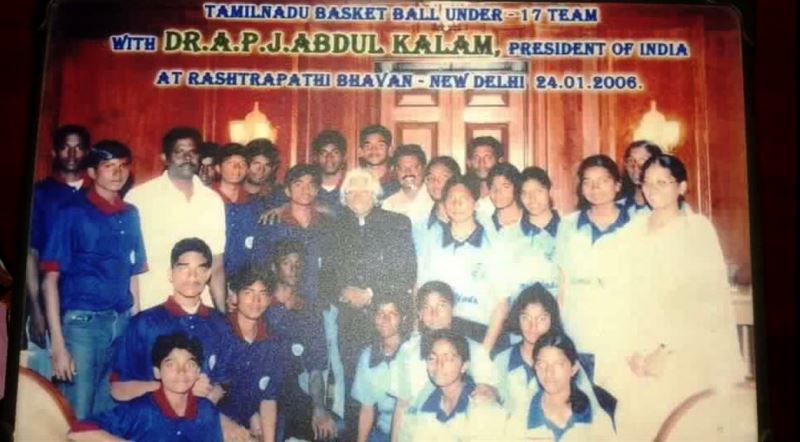 Bharat Raj (standing behind President A. P. J. Abdul Kalam) as a part of the Tamil Naidu Basket Ball Under 17 team in 2006 