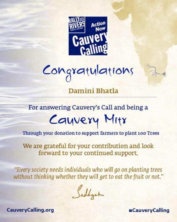 Certificate given to Damini Bhatla for her participation in Rally For Rivers campaign of Sadhguru