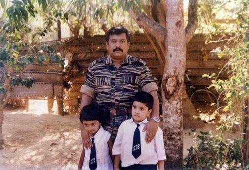 Childhood photograph of Charles Anthony with his father Velupillai Prabhakaran and sister Duvaraga