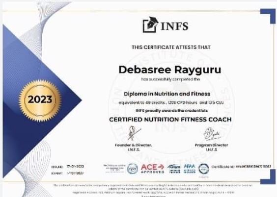 Debashri Rayaguru's Nutrition Fitness Coach certificate