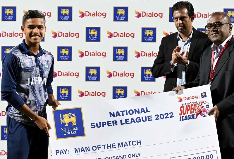 Dunith Wellalage (left) after winning the Player of the Match in the National Super League 2022
