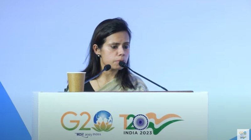 Eenam Gambhir during her speech at the G20 Summit in India