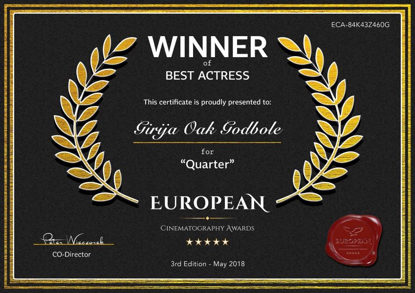 European Cinematography Award's certificate of Girija Oak