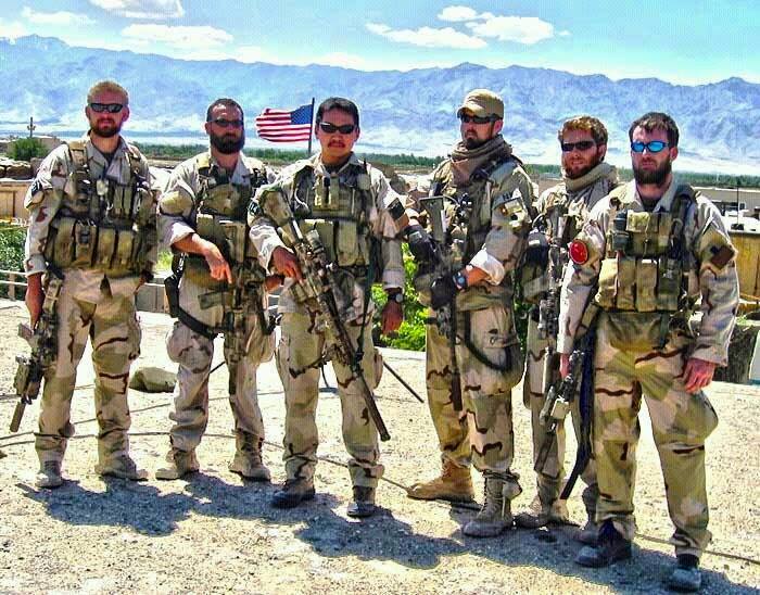 From left to right - Matthew Axelson, Daniel R. Healy, James Suh, Marcus Luttrell, Eric S. Patton, and Michael P. Murphy