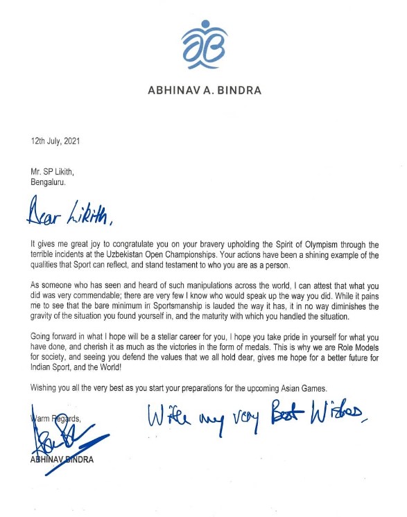 Letter written by Abhinav Bindra to Likith Selvaraj after he exposed manipulation at the 2021 Uzbekistan Open Swimming Championships