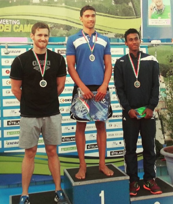 Likith Selvaraj (right) after winning a bronze medal in the South African National Level 3 Swimming Championship Under-18 category in 2016