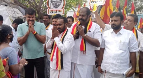Meesai Rajendran while campaigning for DMDK in Tamil Nadu