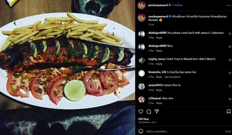 Sandeep Anand's Instagram post about his non-vegetarian meal