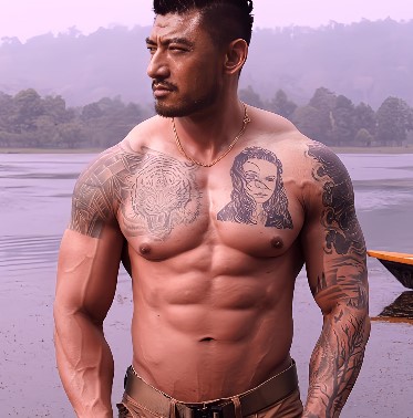Sangay Tsheltrim featuring tattoos on his arms, shoulders, and chest
