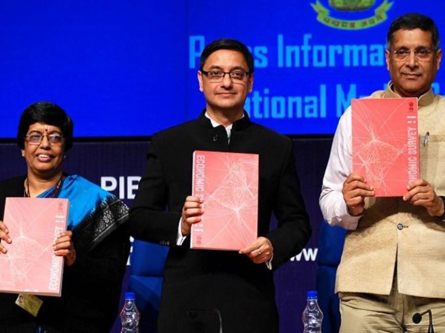 Sanjeev Sanyal releasing the Economic Survey in 2018 when he was the Principal Economic Advisor of the Department of Economic Affairs for the Ministry of Finance