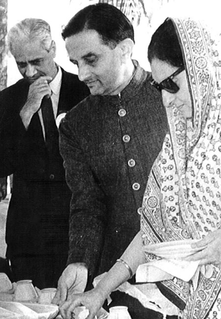 Satish Dhawan with Vikram Sarabhai and Indira Gandhi