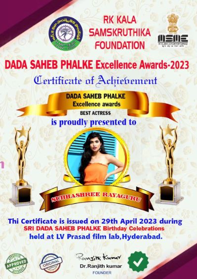 Subhashree Rayaguru's certificate of achievement