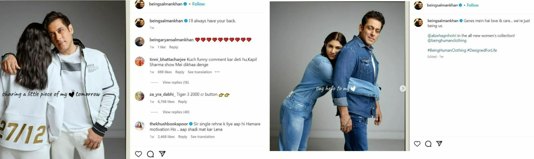 A collage of Salman Khan's post about Being Human Clothing’s women’s collection