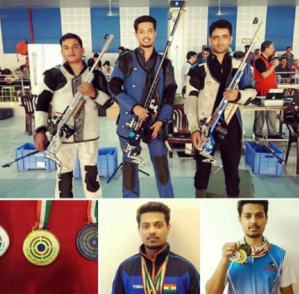 A collage of Swapnil Kusale at the 61st National Shooting Championship, Kerala, and posing with his medals from the Championship.