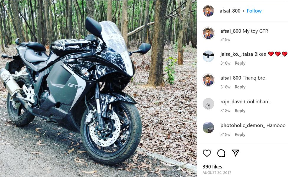 A picture of Mohammed Afsal's Hyosung GTR bike as posted on his Instagram account