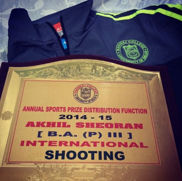 A shooting prize won by Akhil Sheoran in college, when he was studying at Hansraj College at the University of Delhi.