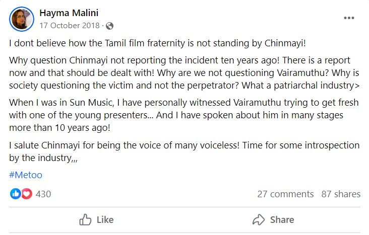 A snip of Hayma Malini's Facebook post