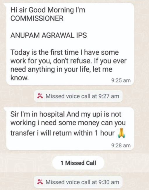 A snippet of the message received by a resident of Mangalore on WhatsApp from the imposter