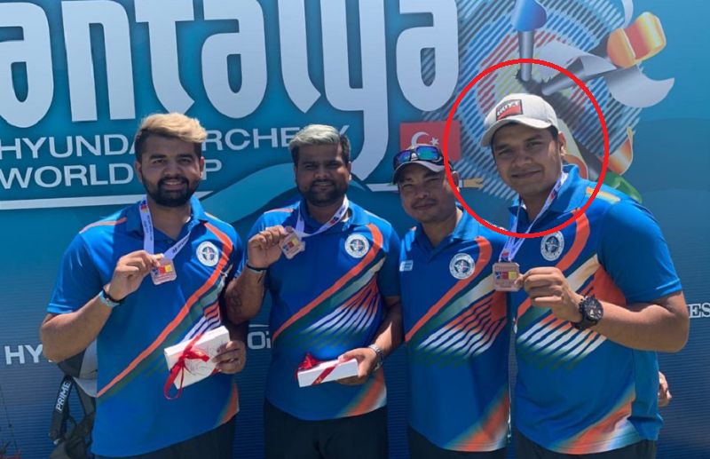 Abhishek Verma posing with his team at 2019 Archery World Cup after winning bronze in team event in Antalya