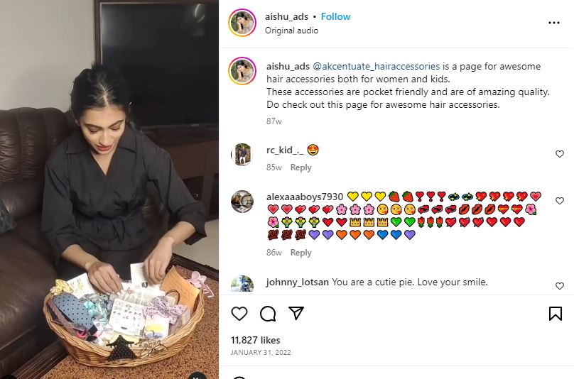 Aishu ADS promoting Akcentuate Hair Accessories on Instagram