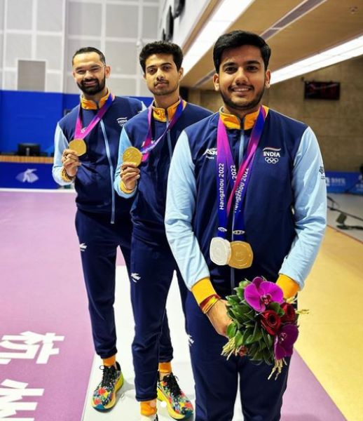 Akhil Sheoran (extreme left) with his 19th Asian Games teammates, Aishwary Pratap Tomar and Swapnil Kusale