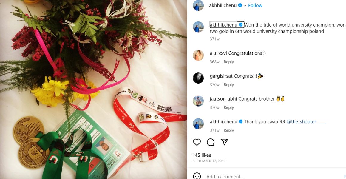 Akhil Sheoran's Instagram post announcing his win as the World University Champion in 2016