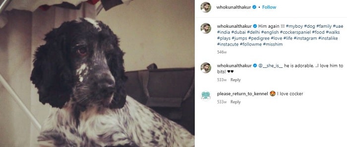 An Instagram post of Kunal Thakur for his dog