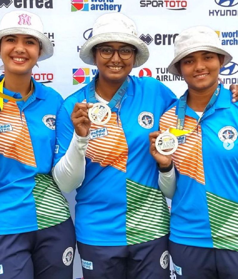 Ankita Bhakat (right) with her team after winning silver medal at Paris Archery World Cup Stage 3