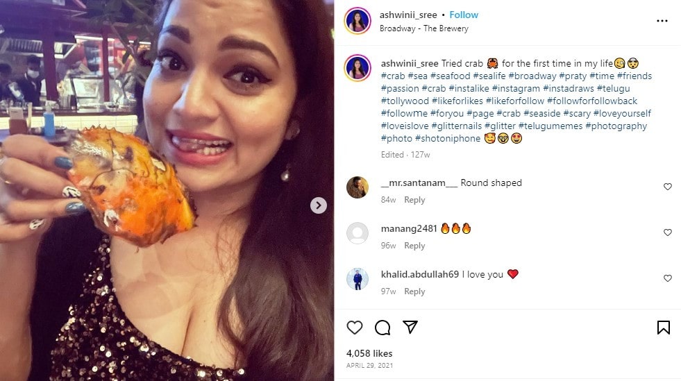 Ashwini's Instagram post on eating a crab