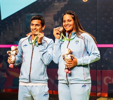 Dipika Pallikal after winning a bronze medal (mixed doubles) in Common Wealth Games organised in Birmingham, United Kingdom