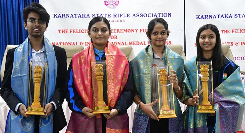 Divya during the felicitations ceremony for National and International Medal winners, by Karnataka State Rifle Association at Karnataka Olympic Association (KOA) in Bengaluru in October 2022