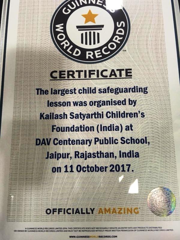 Guinness World Records certificate for Largest Child Safeguarding Lesson