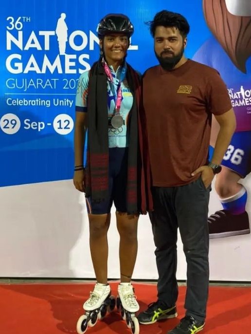 Heeral Sadhu with her coach Rahul Kaush at the 36th National Games (2022) held in Gujarat